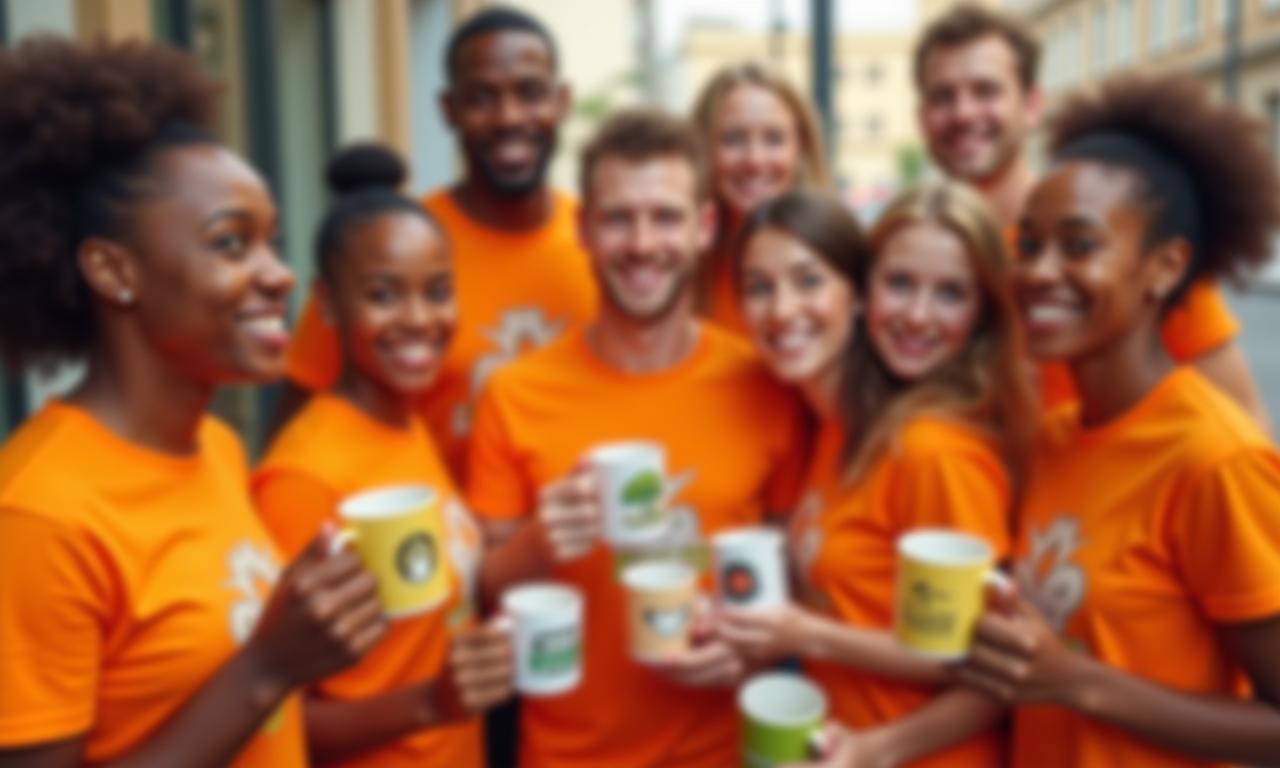 Glückliche Kunden mit bedruckten T-Shirts und Tassen